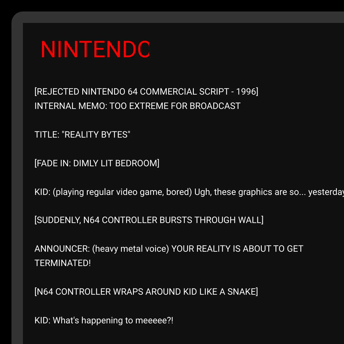 Rejected Nintendo 64 Commercial Script