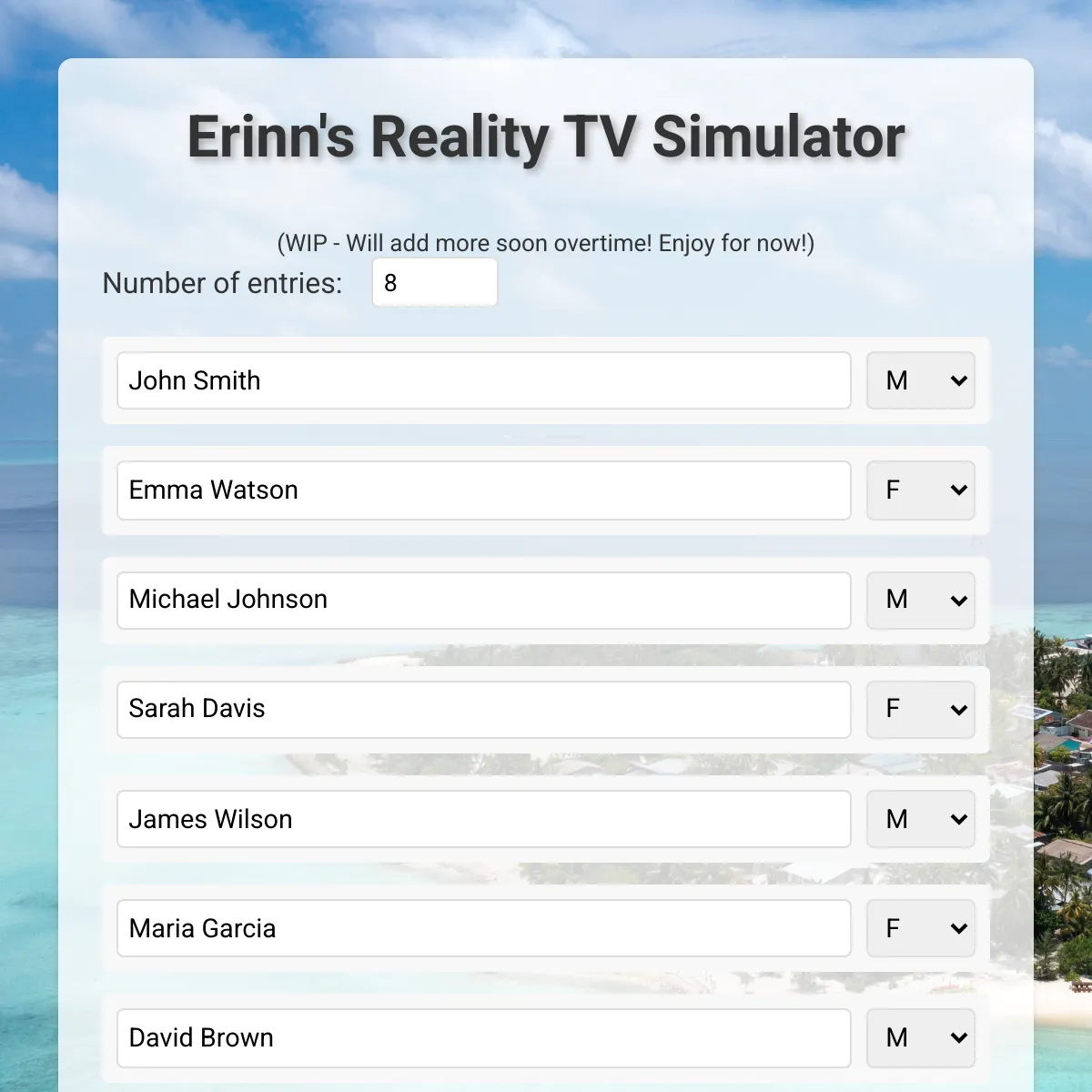 Erinn's Reality TV Simulator