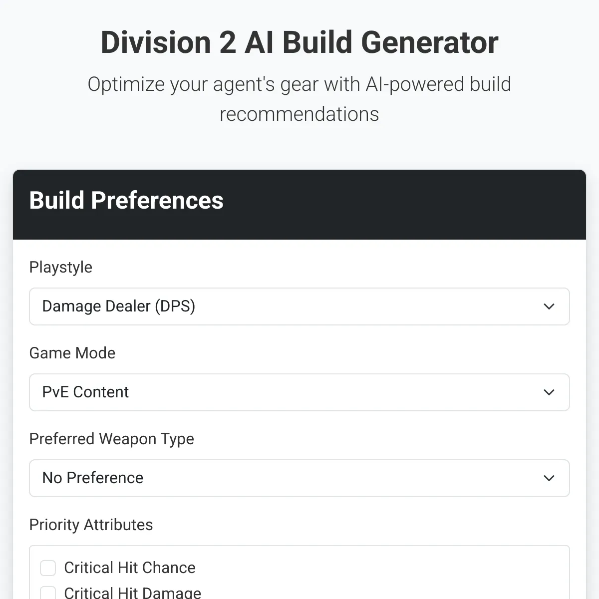 Division 2 AI Build Generator