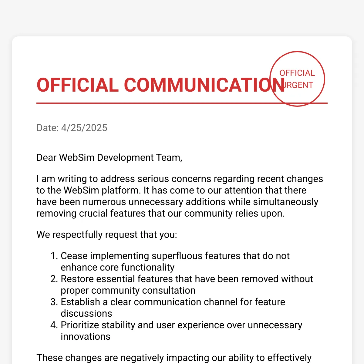 Official Letter to WebSim