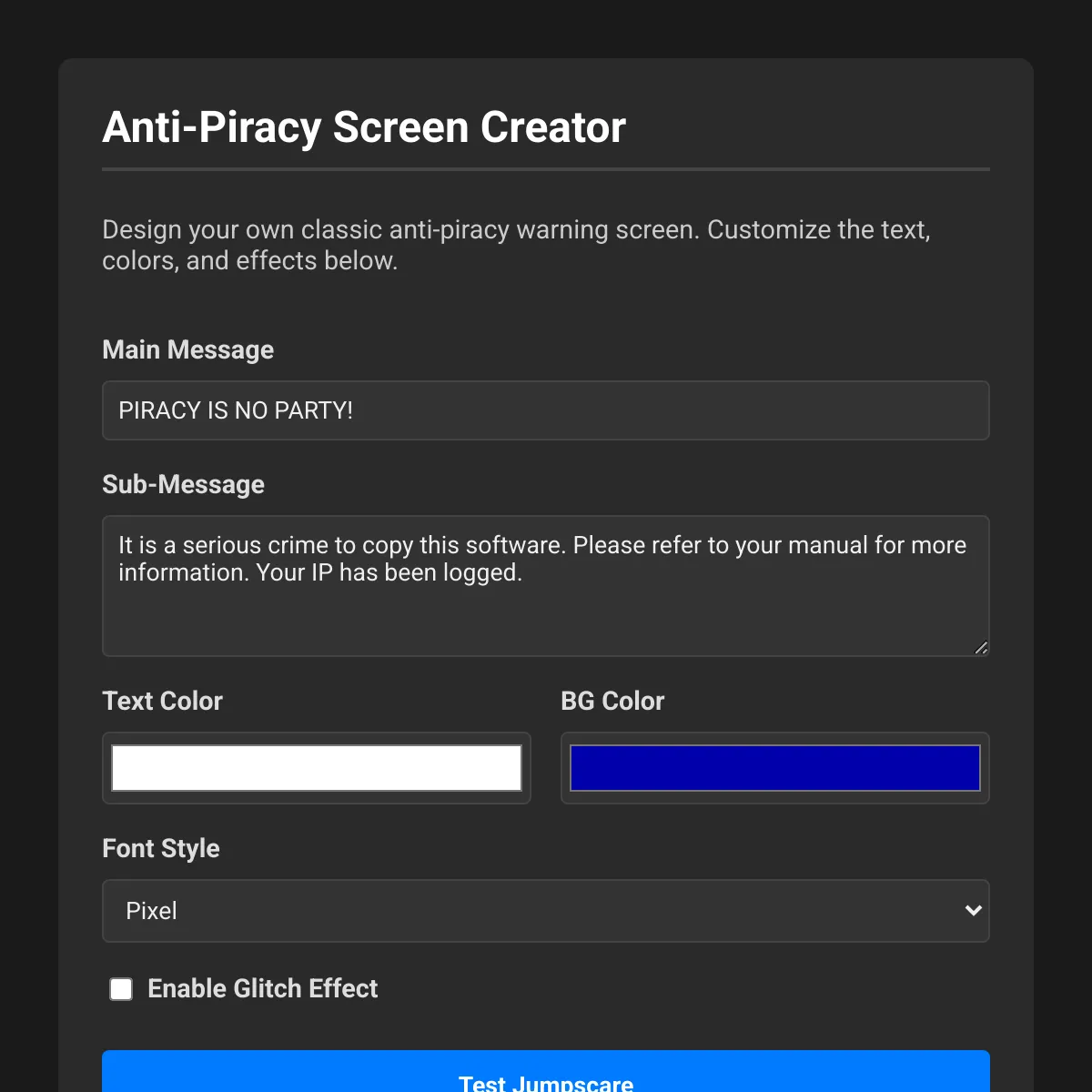 Anti Piracy Screen Creator