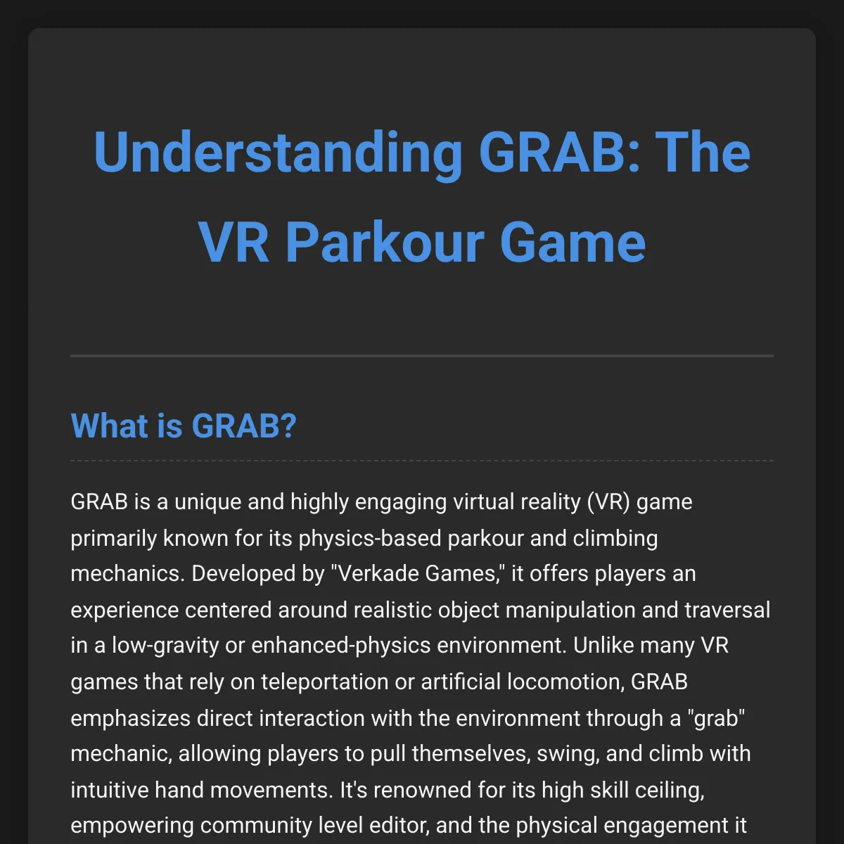 Understanding GRAB: The VR Parkour Game