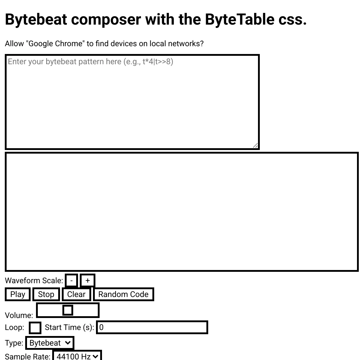 Bytebeat composer with the ByteTable css.