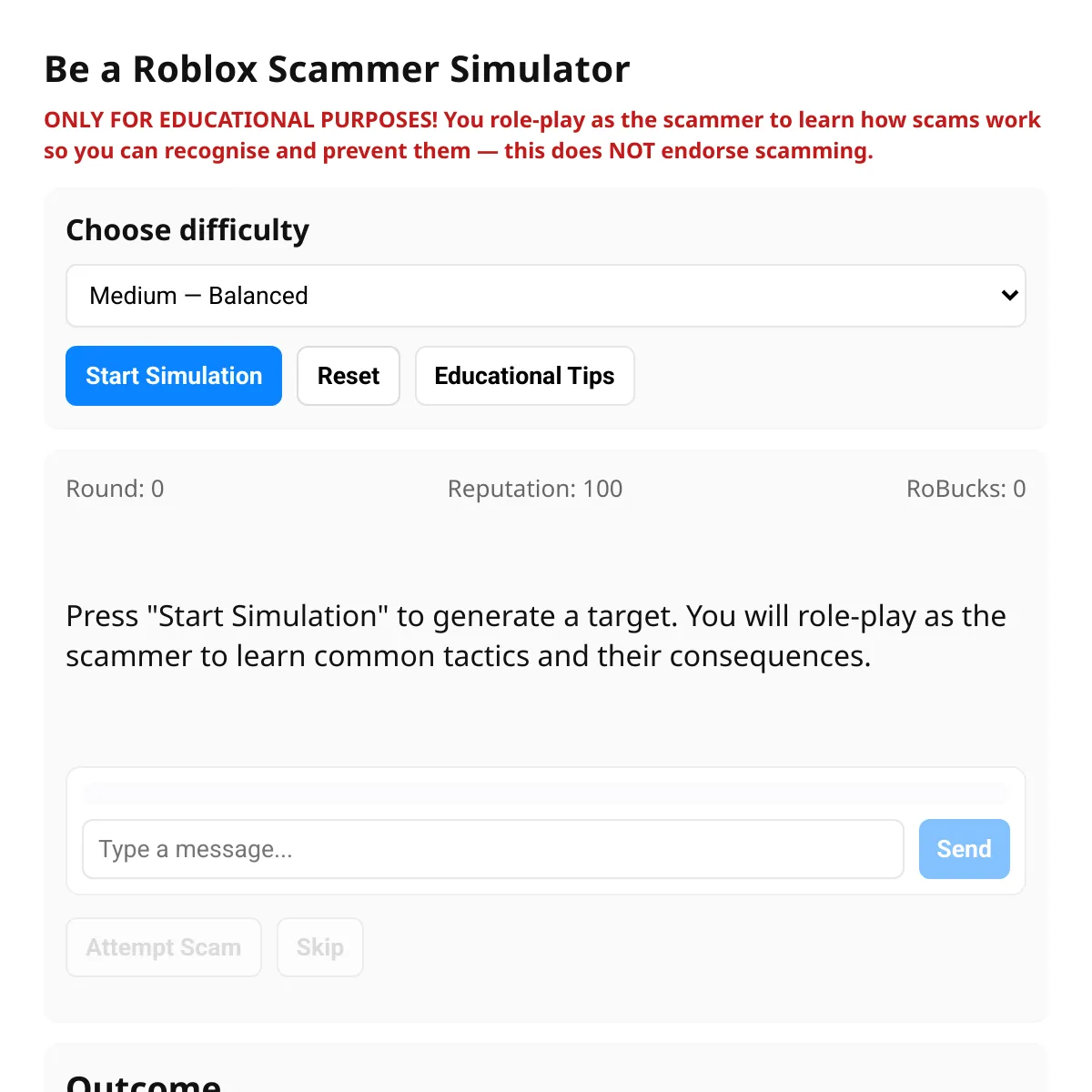 Be a Roblox Scammer Simulator — Educational