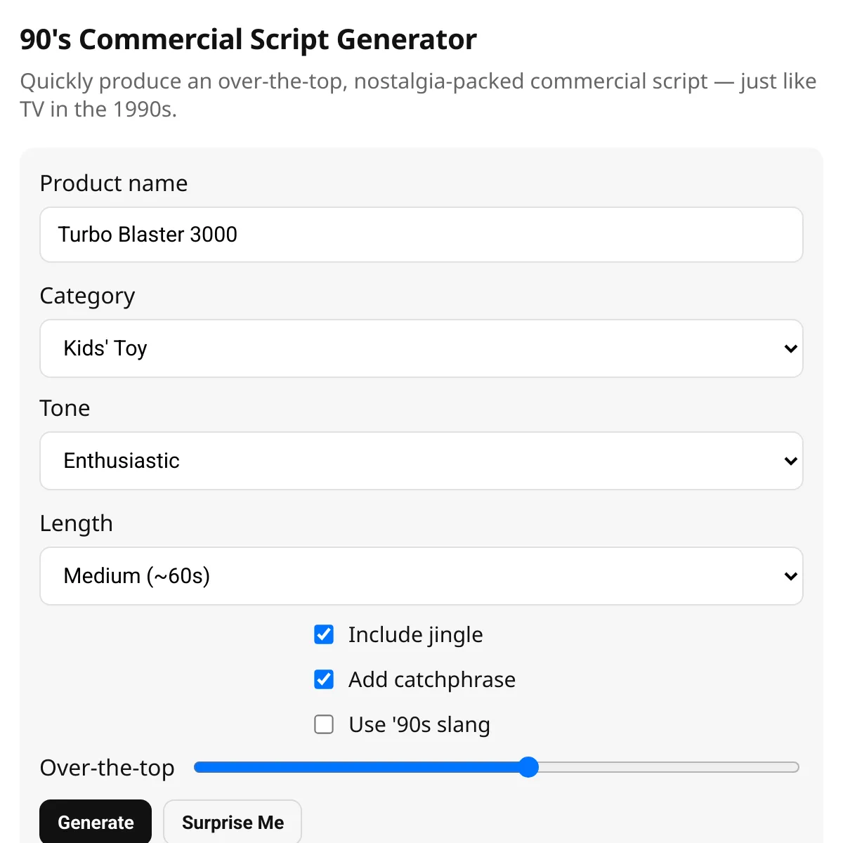 90's Commercial Script Generator