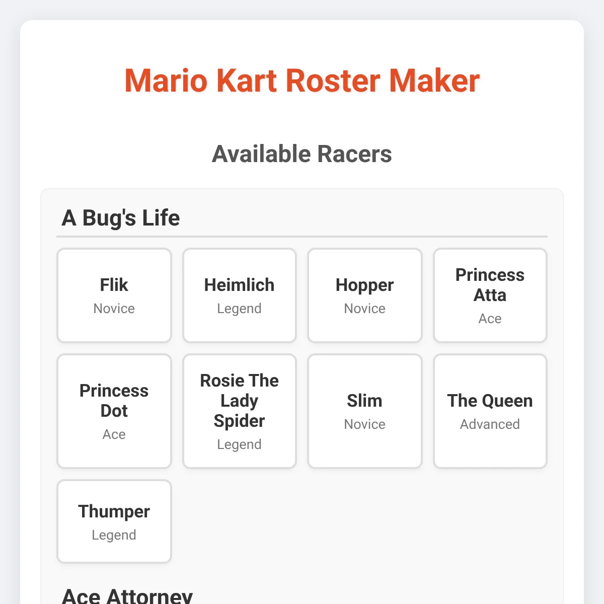 Mario Kart Roster Maker