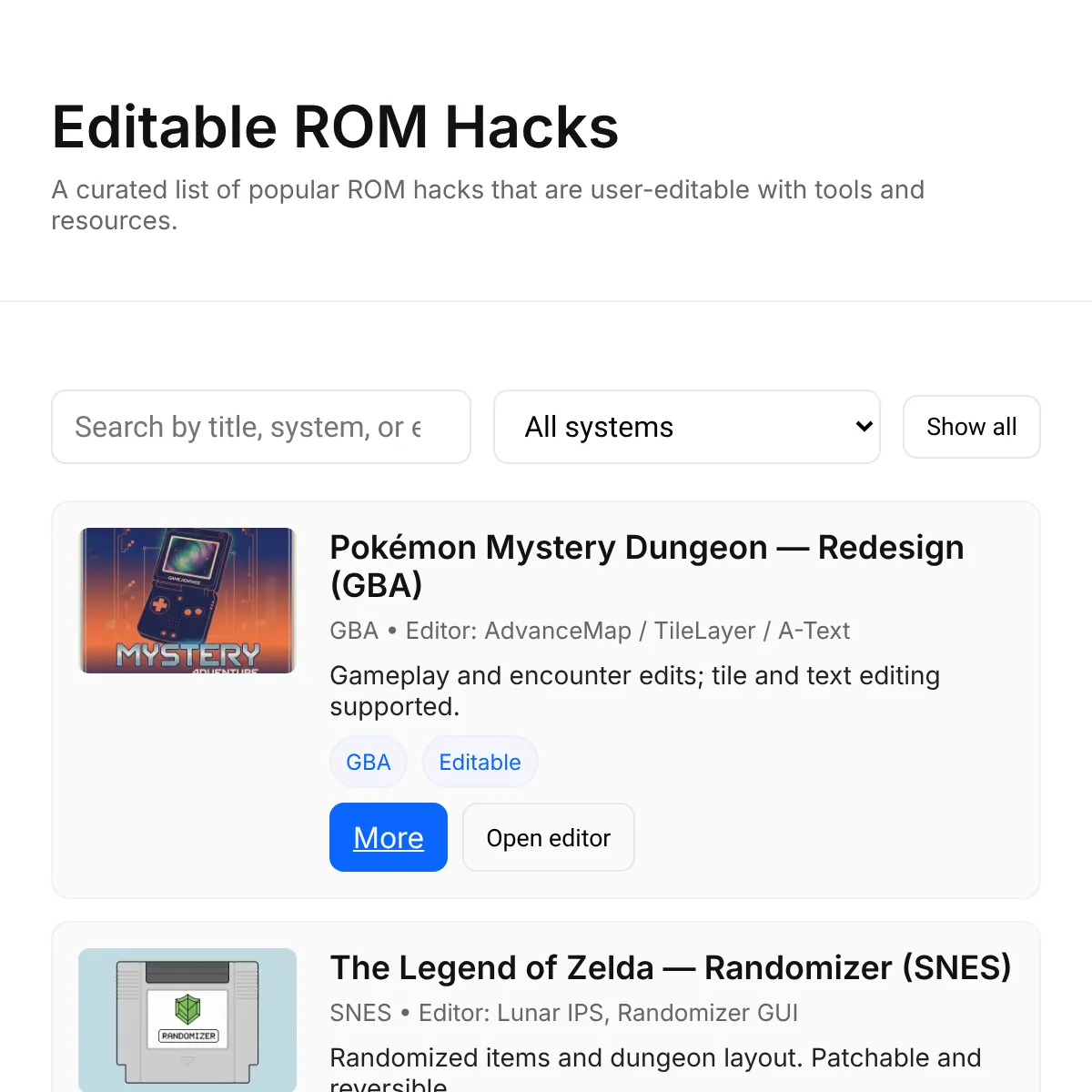 Editable ROM Hacks — Catalog