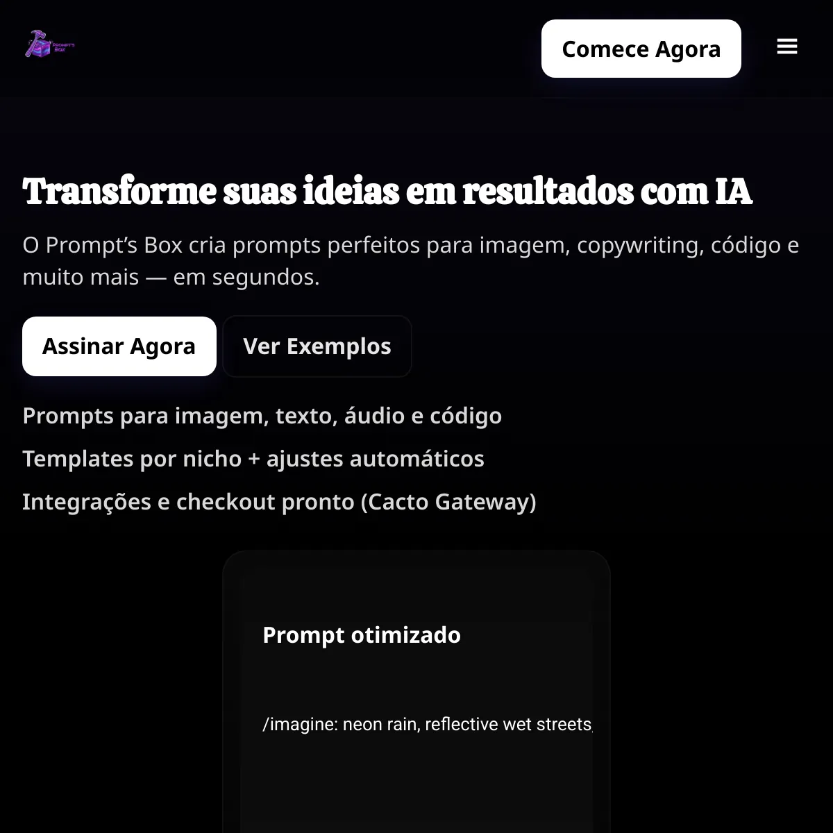 Prompt's Box — Prompts profissionais para imagem, texto, áudio e código