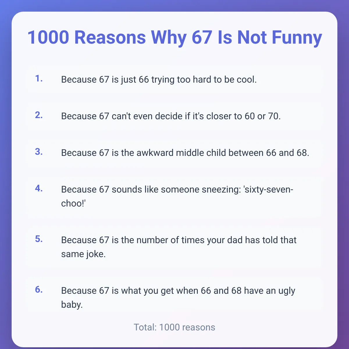 1000 Reasons Why 67 Is Not Funny
