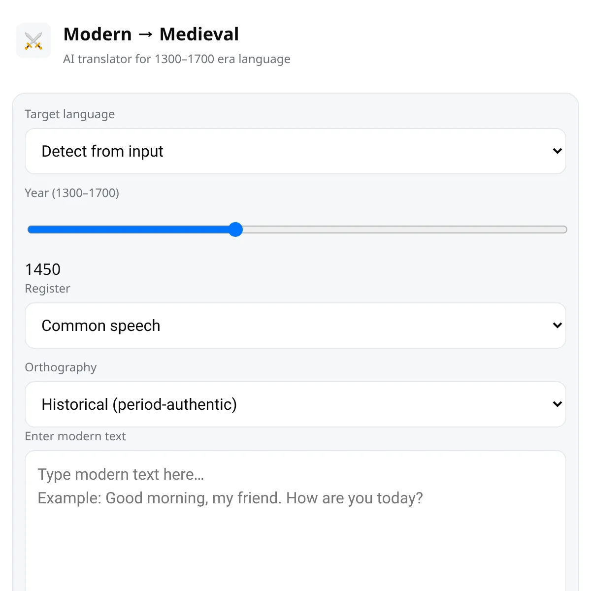Modern → Medieval Translator (1300–1500)