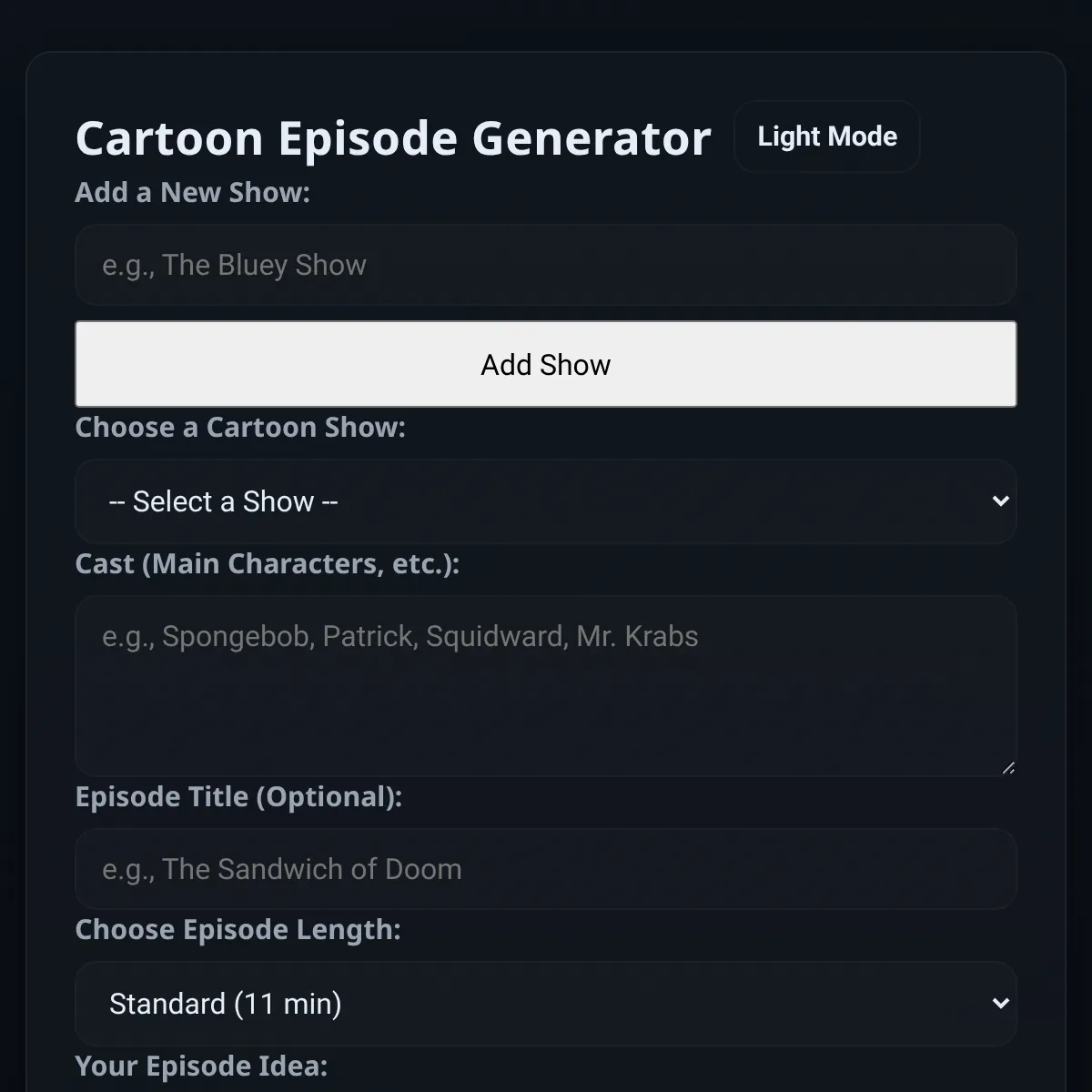Cartoon Episode Generator+, But Better