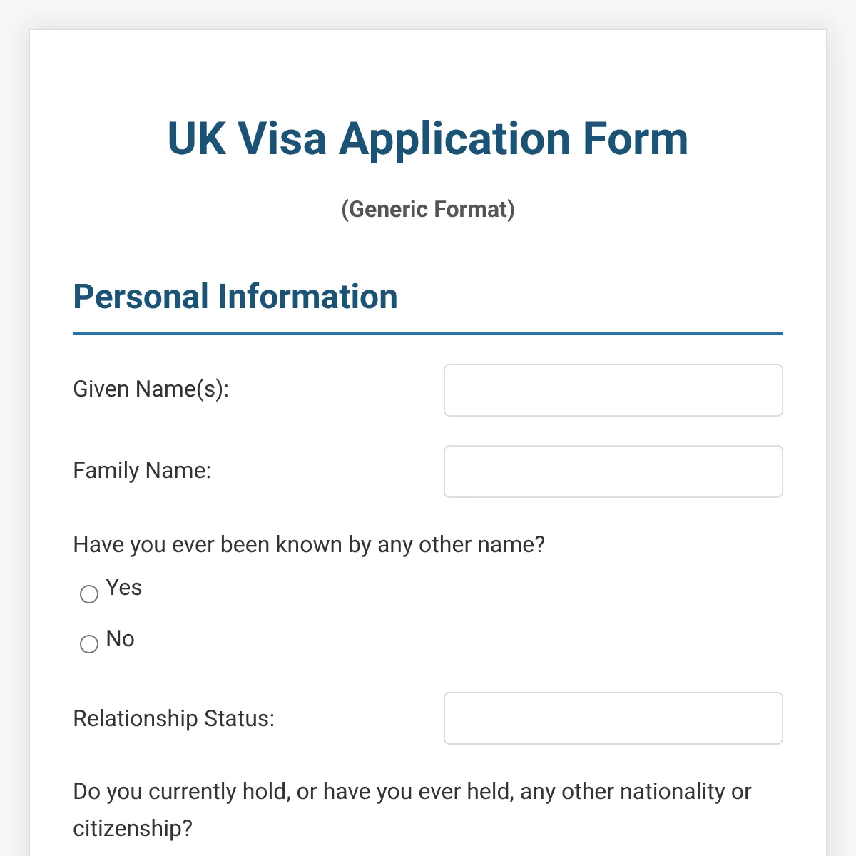 UK Visa Application Form