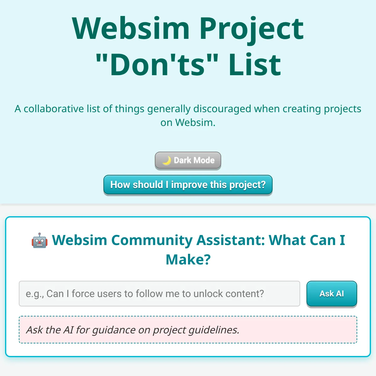 Websim Project “Dont’s” List